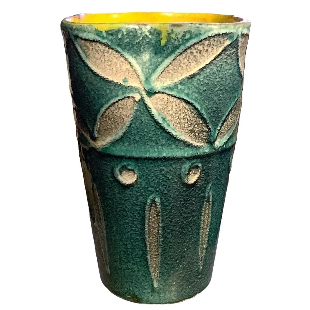 Vase Italy Art Deco - Mid-Century Turquoise Gray Yellow Signed Vintage 8.5